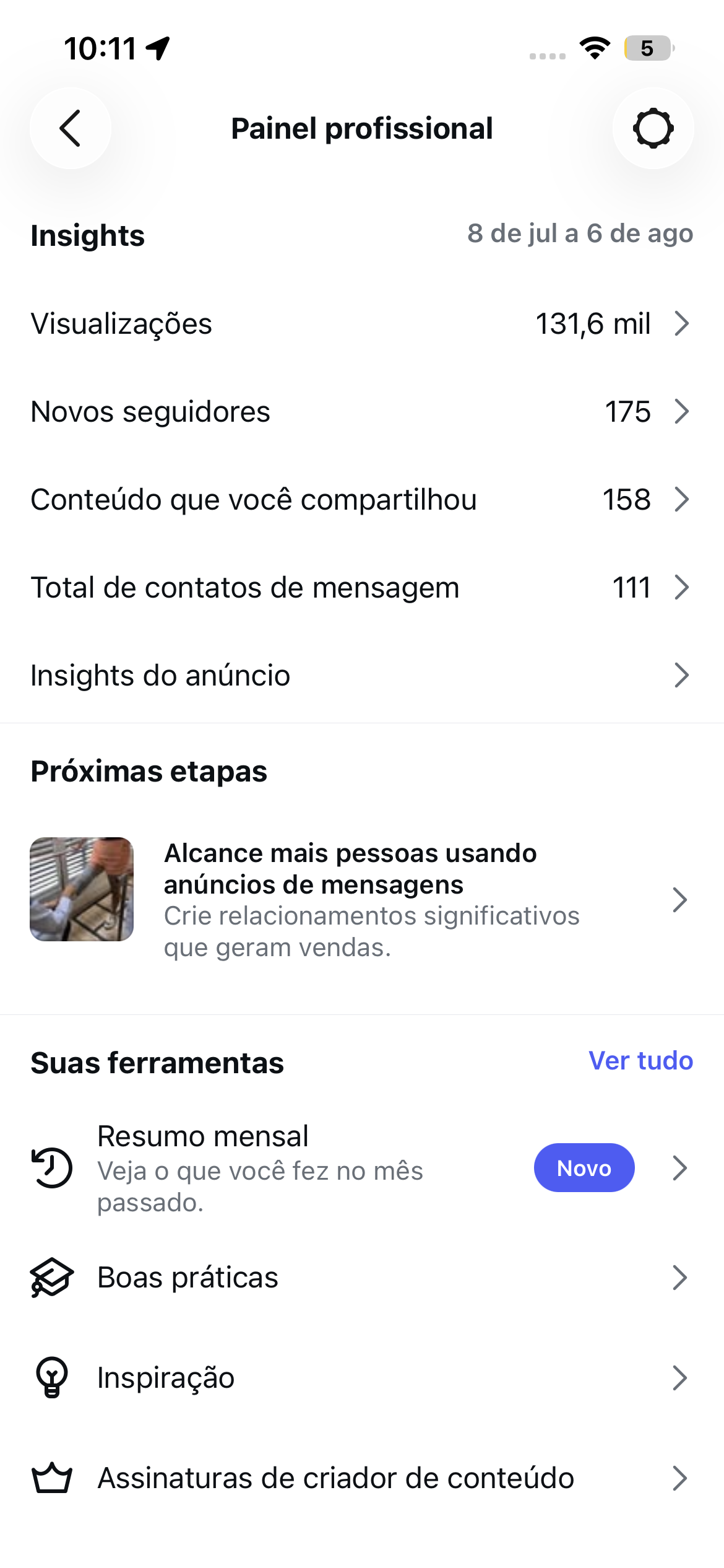 Painel profissional do Instagram com os insights de Daiane